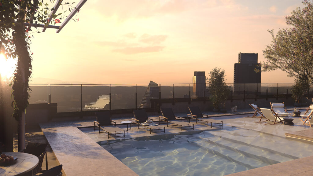 Luxurious rooftop pool at Vesper ATX on Rainey Street overlooking the Austin skyline at dusk with loungers and scenic hill country backdrop.