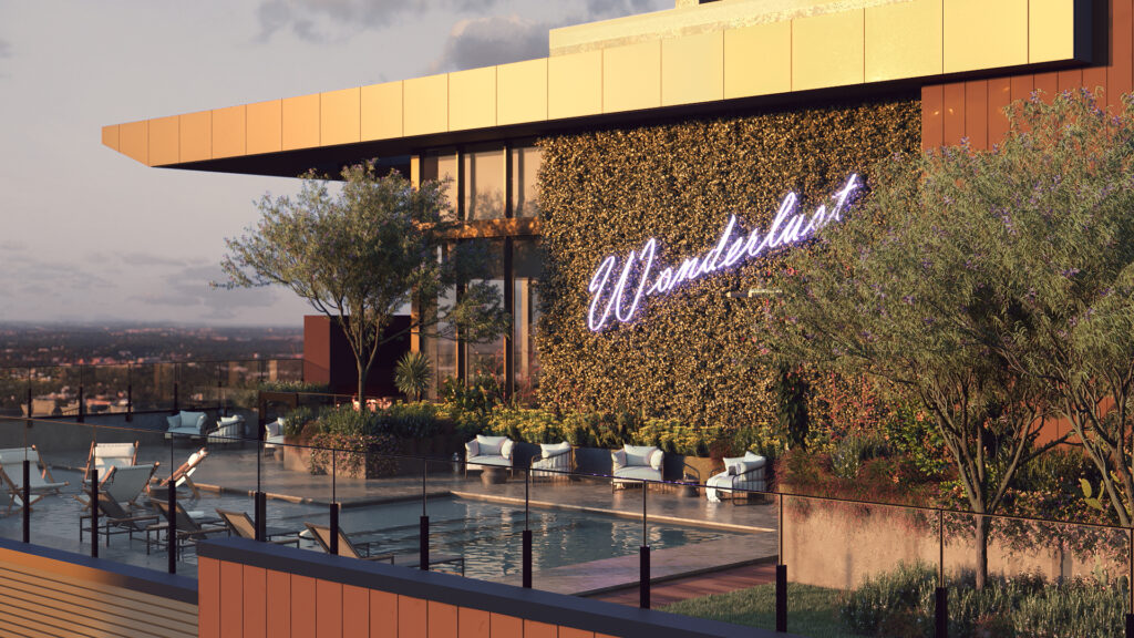 Stunning rooftop pool lounge with panoramic views of Austin at Vesper ATX, featuring vibrant greenery, comfortable seating, and the 'Wanderlust' logo emblazoned on a living wall.