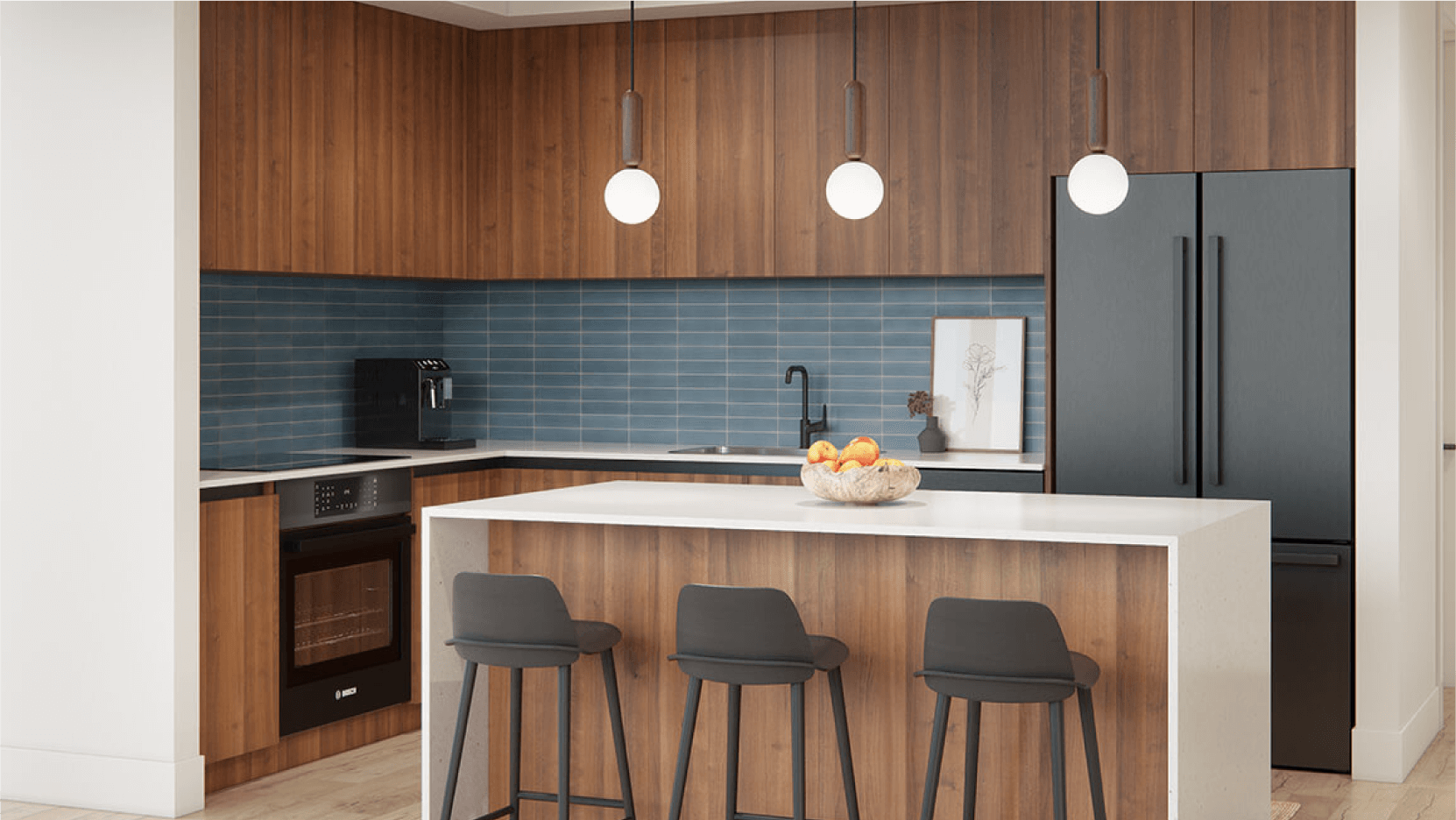 Modern kitchen area in a condo at Vesper ATX in Downtown Austin featuring warm wooden cabinetry, a striking blue tile backsplash, and elegant white pendant lights above a white island countertop.