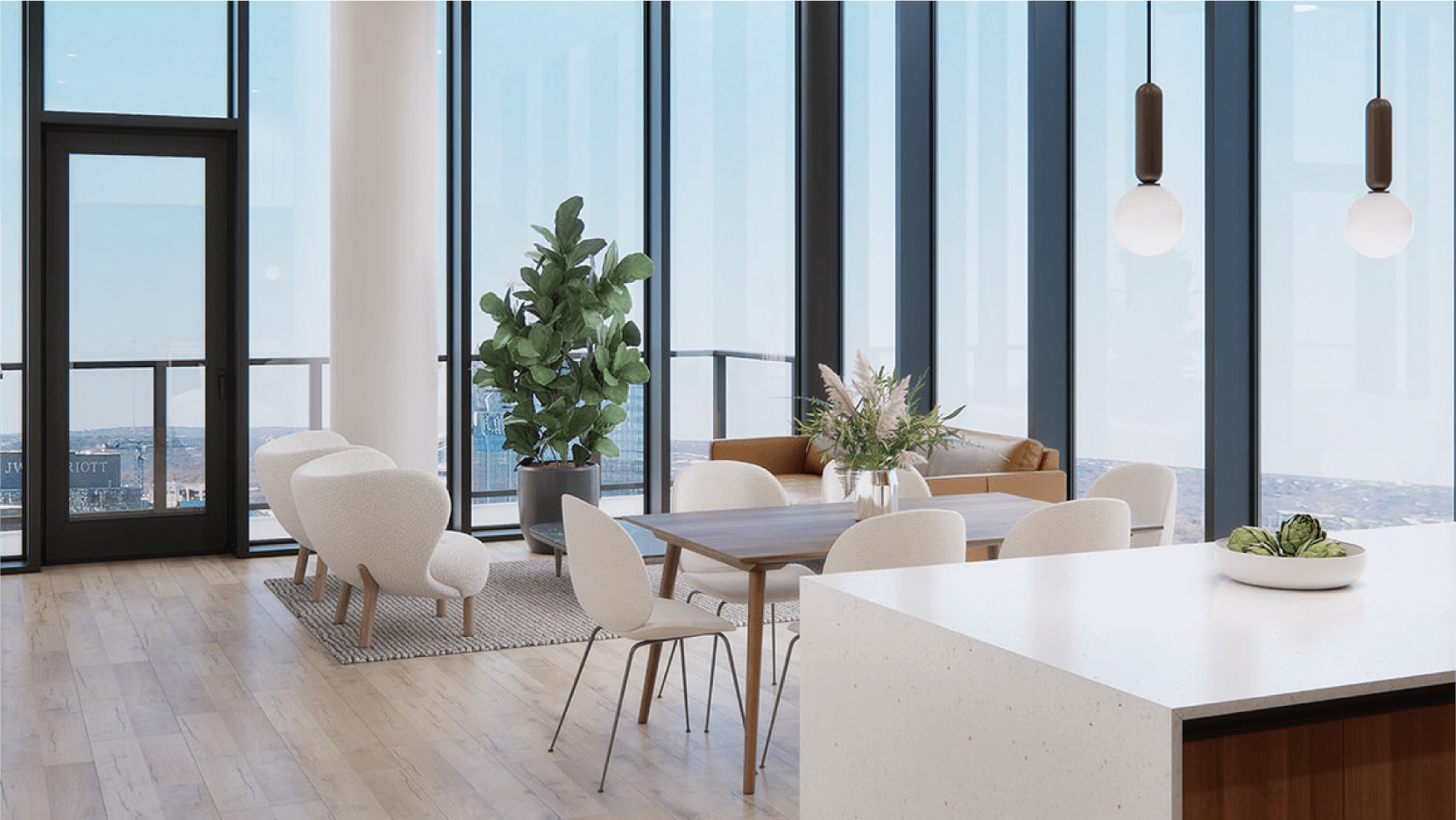 Chic dining room in upscale Austin condos at Vesper ATX, with a large window wall offering city views, accompanied by a modern dining set and an adjacent kitchen island.