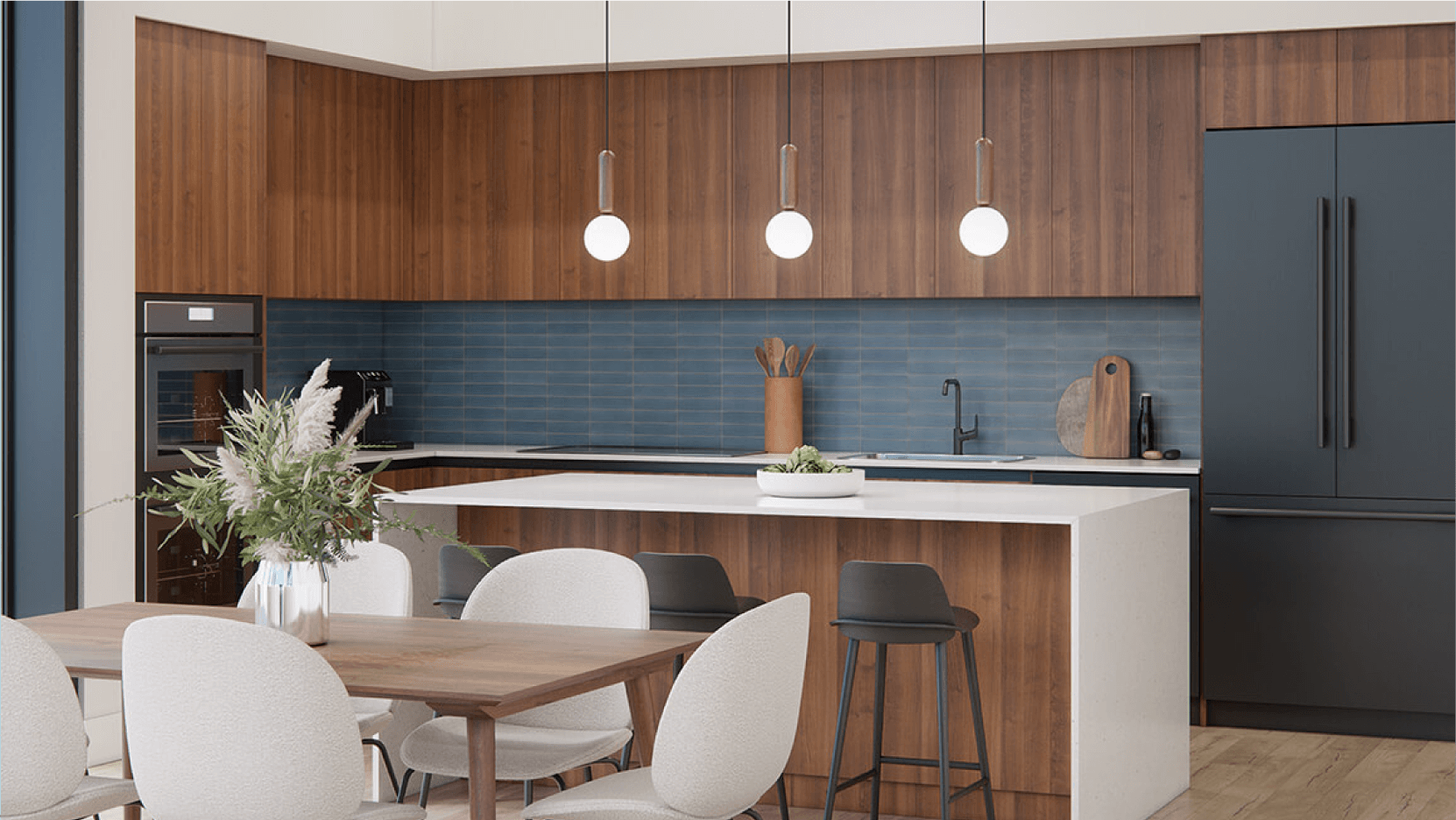 Sleek kitchen with dark wood cabinets and blue tile backsplash, integrated with a spacious dining area featuring a wooden table and modern chairs in a bright condo setting.