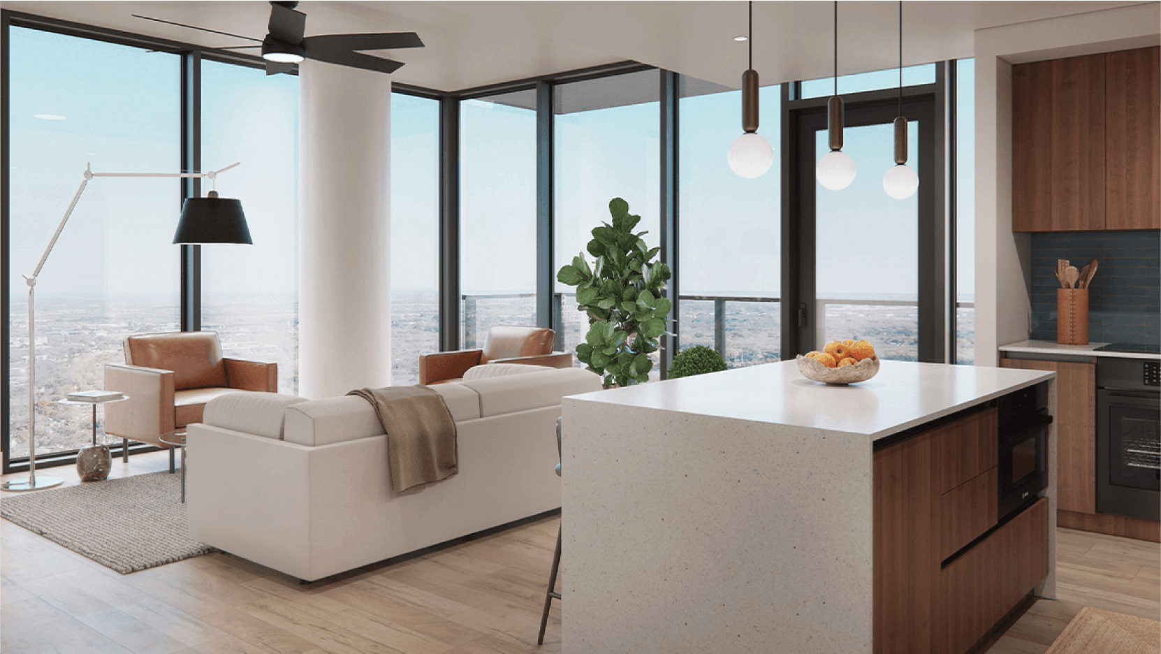 Luxurious condo living room at Vesper ATX with floor-to-ceiling windows showcasing expansive views of Austin, featuring a modern white sofa, leather armchairs, and a stylish floor lamp.