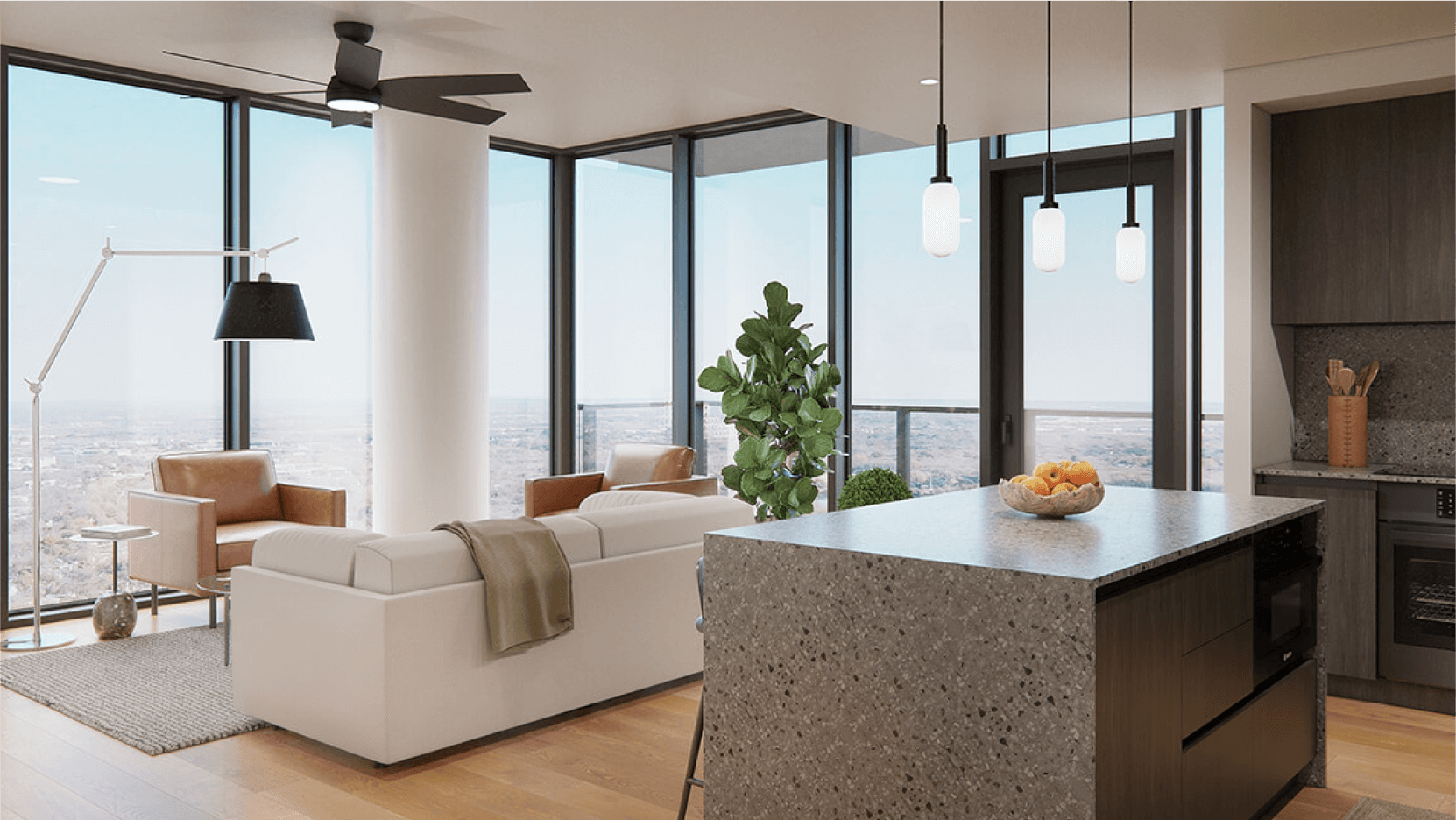 Bright and airy open-plan living area in Vesper ATX condos, featuring a white sofa, wooden accents, and a panoramic view of the cityscape through floor-to-ceiling windows.