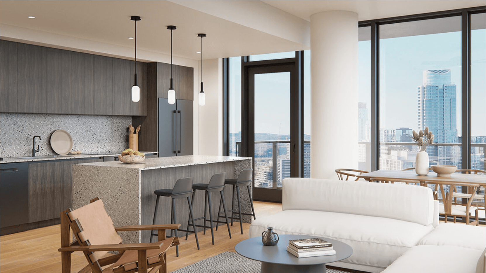 Modern open-plan living room Vesper ATX condos in downtown Austin with plush white sofas, a wooden center table, and an adjoining dining area, all bathed in natural light from the floor-to-ceiling windows.