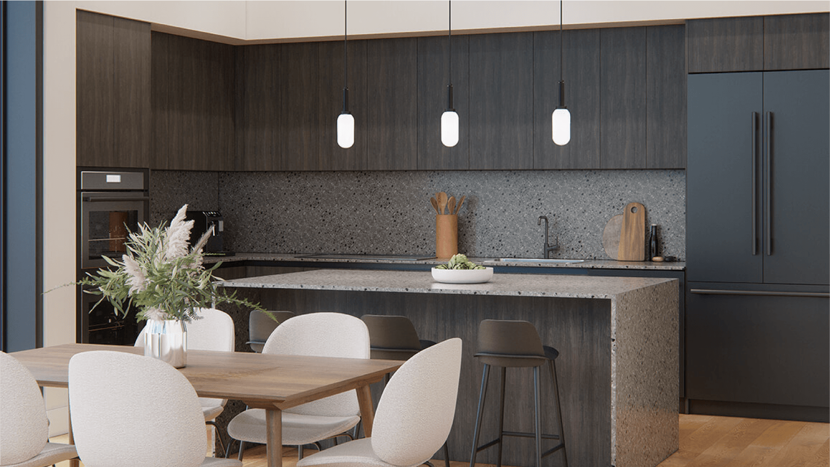 Vesper ATX Condos offer sleek kitchen designs featuring dark wooden cabinets, modern appliances, and a kitchen island with bar stools, offering stunning views of Austin's skyline through large windows.