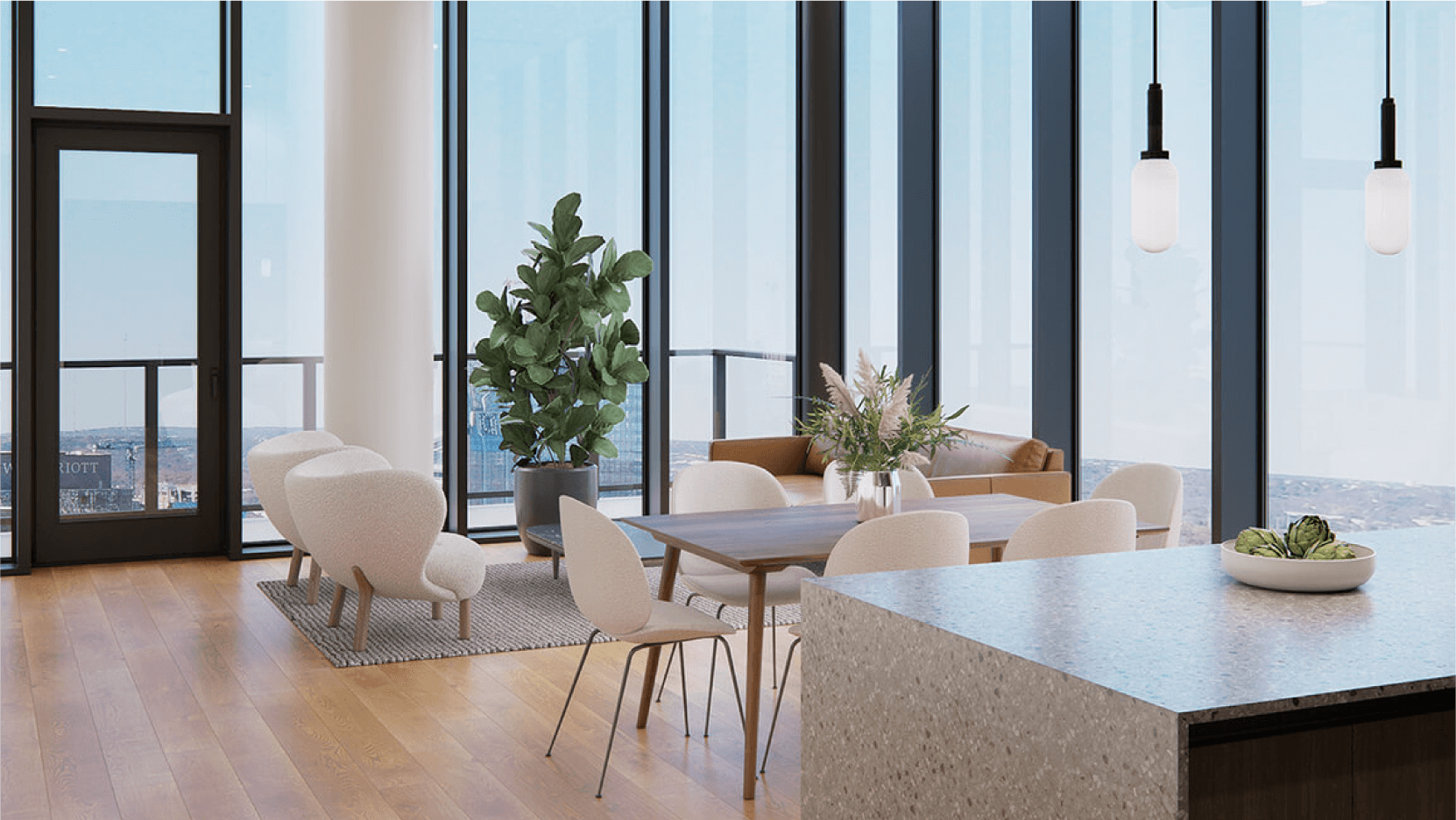 Spacious and sunlit living room at Vesper ATX in downtown Austin condo with floor-to-ceiling windows offering a panoramic city view, modern furniture with a minimalist design, and a cozy dining area with stylish pendant lighting.