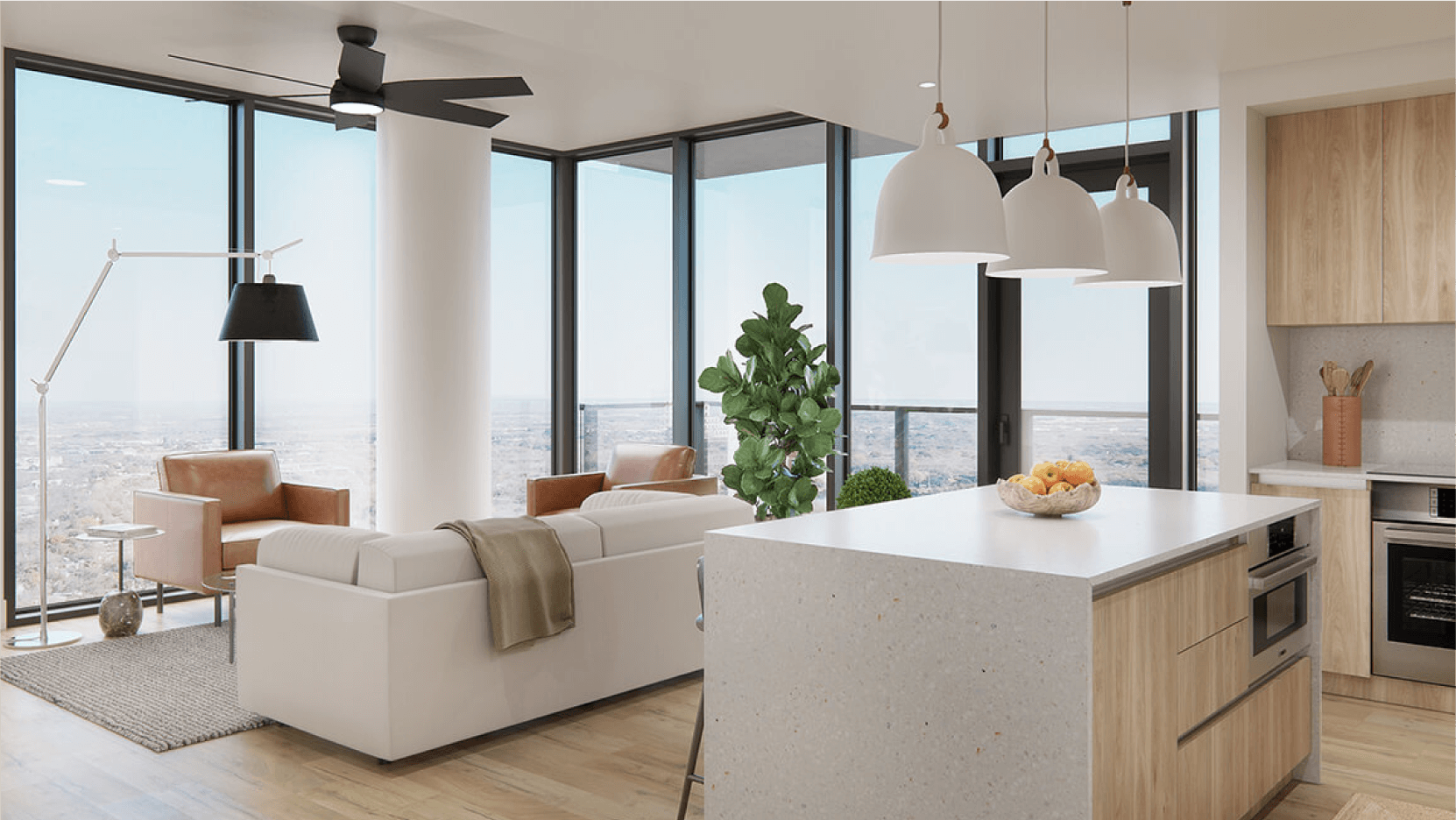 A well-lit, open-concept living room in high-rise condos at Vesper ATX, featuring a chic white sofa, tan leather armchairs, and a large white column, with a backdrop of downtown Austin's skyline through expansive windows.