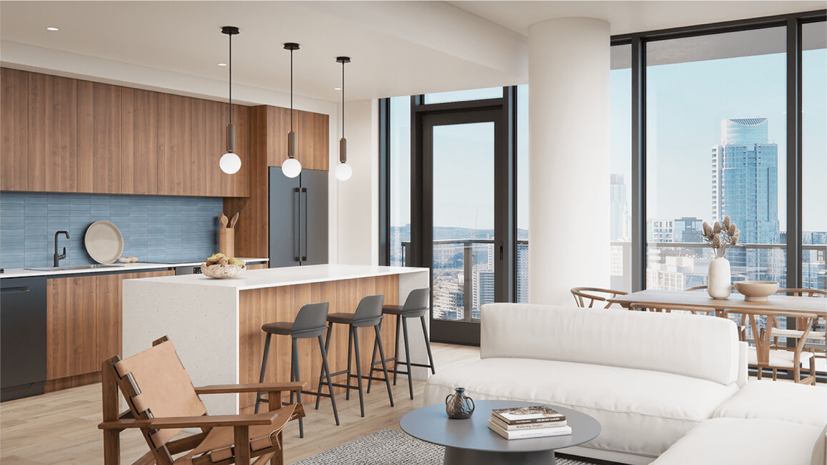 Stylish open-concept kitchen with wooden overhead cabinets, matching the living room's neutral-toned furniture, complemented by the natural light from surrounding windows.