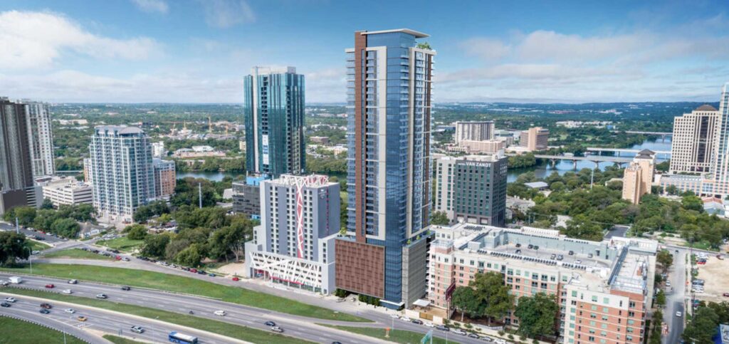 Exterior Drone view of Vesper ATX Condominiums in Downtown Austin, Texas.