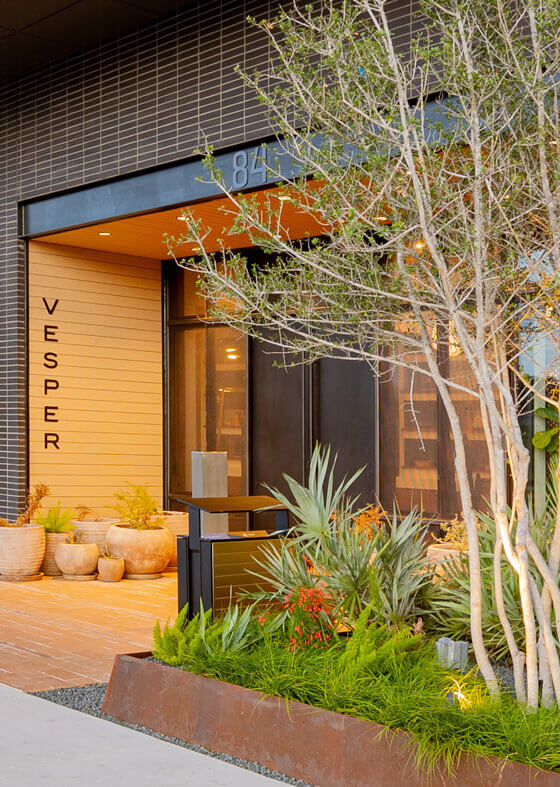 Stylish building entrance with modern landscaping, potted plants, a tree, and the name 'Vesper' displayed on the wall.