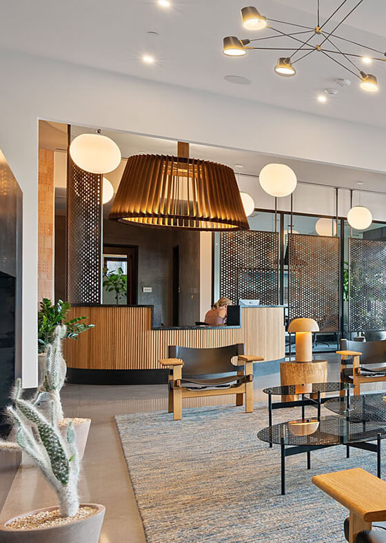 Modern lobby with wood accents, sleek furniture, statement lighting, and decorative plants, including a cactus.