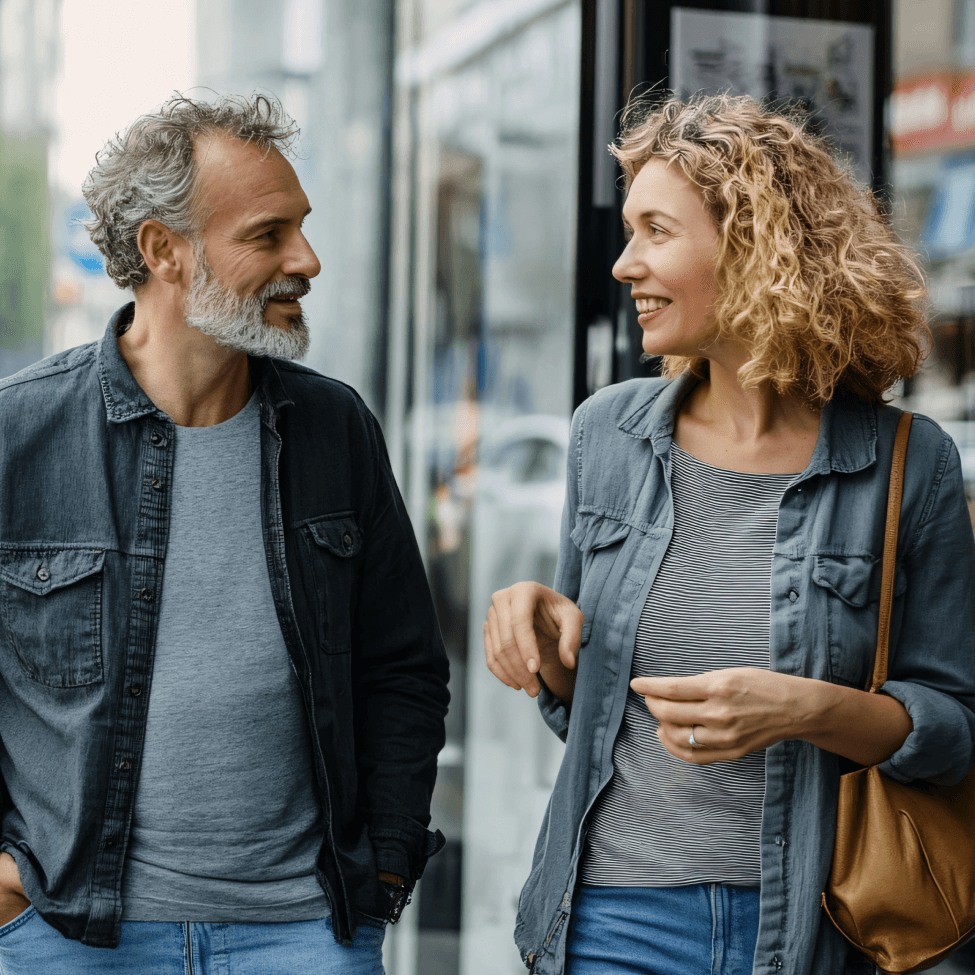 Image of man and woman walking in Downtown Austin from the Vesper Residences.